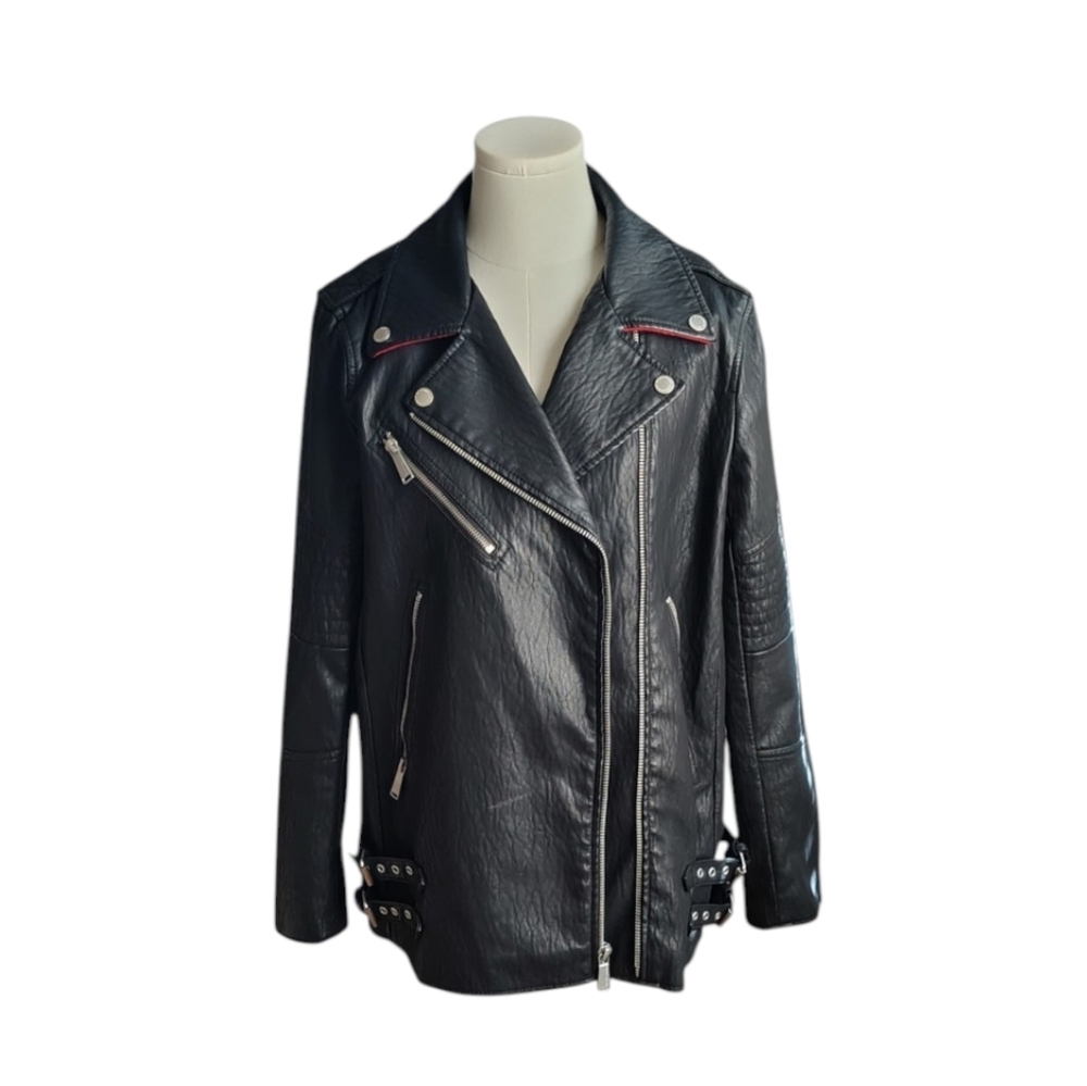 BCBGeneration Faux Leather Black Biker Jacket With Red Lining Size Medium